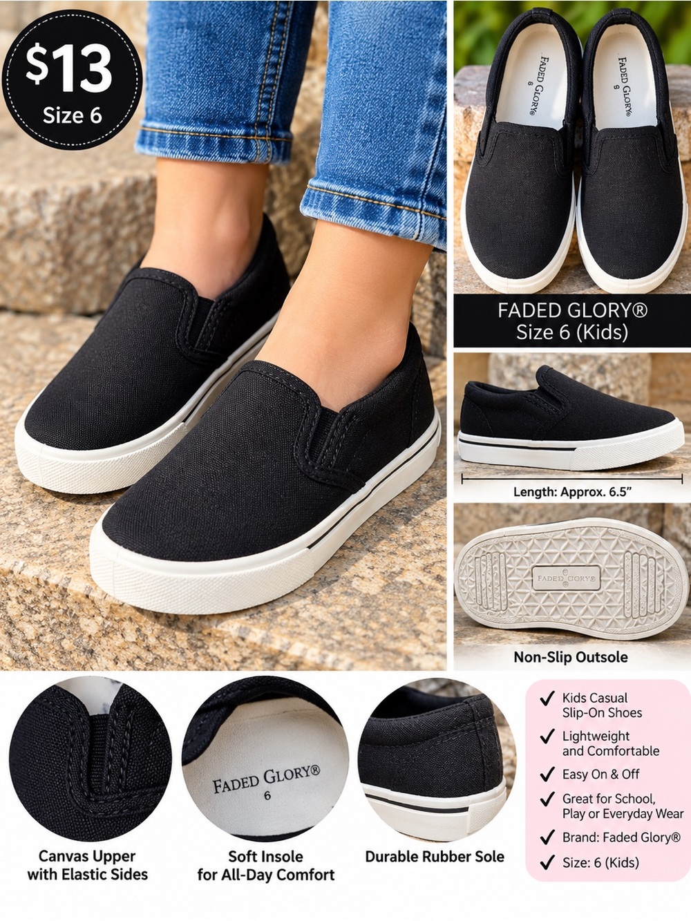 Faded Glory Kids Black Slip-On Canvas Sneakers